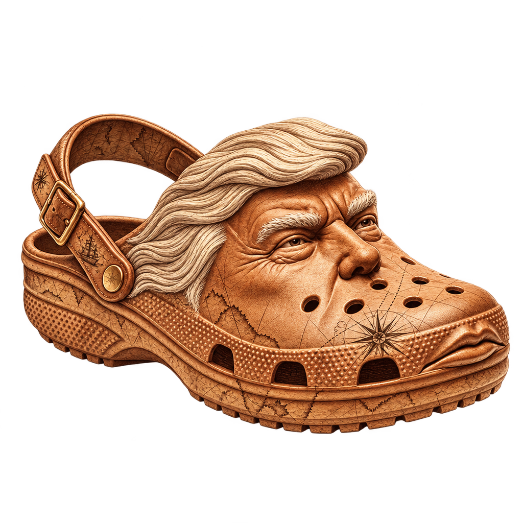 A three-quarter view of the Donald Crocs clog, etched with faint sea-chart markings across its surface