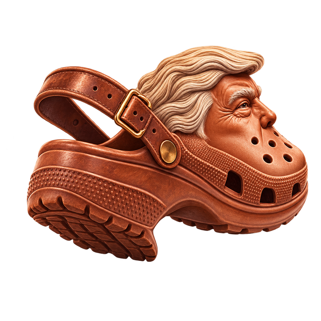 The Donald Crocs clog seen from beneath, sole raised, mid-turn