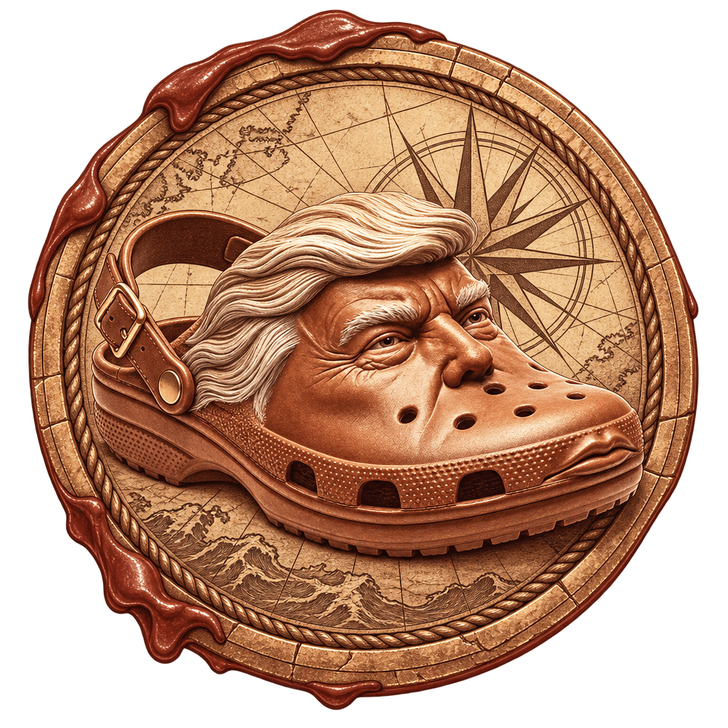 A wax-sealed medallion coin stamped with the Donald Crocs profile, pinned to a sea chart